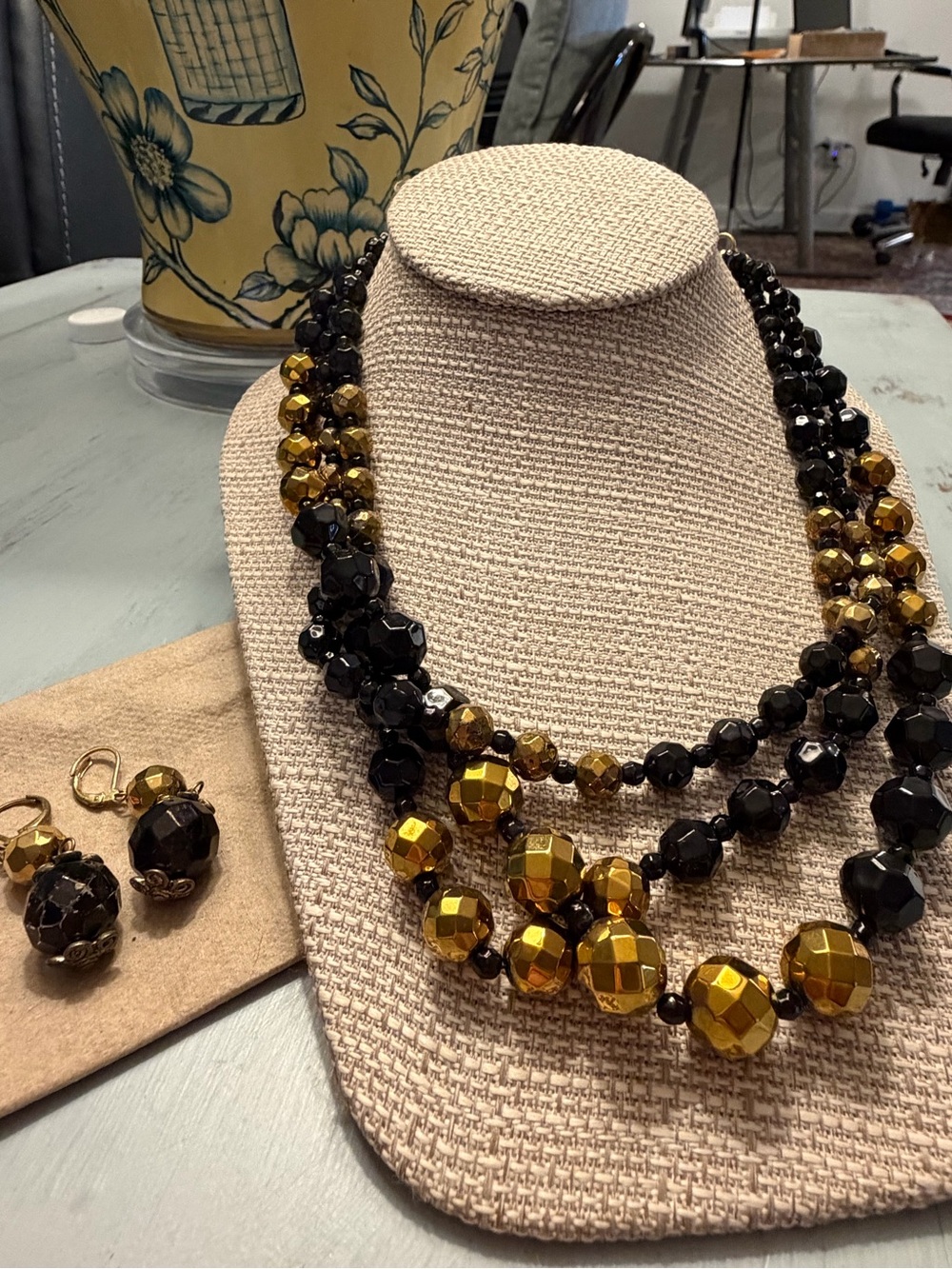 Multi-Strand Black and Bronze Beadec Necklace Set with Earrings